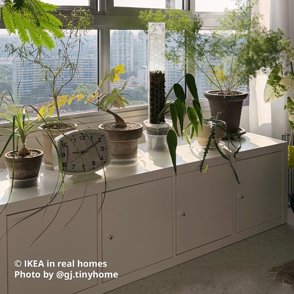 A white KALLAX shelving with inserts is placed next to the window in a living room setting with plants placed on top. IKEA in real homes Photo by @gj.tinyhome