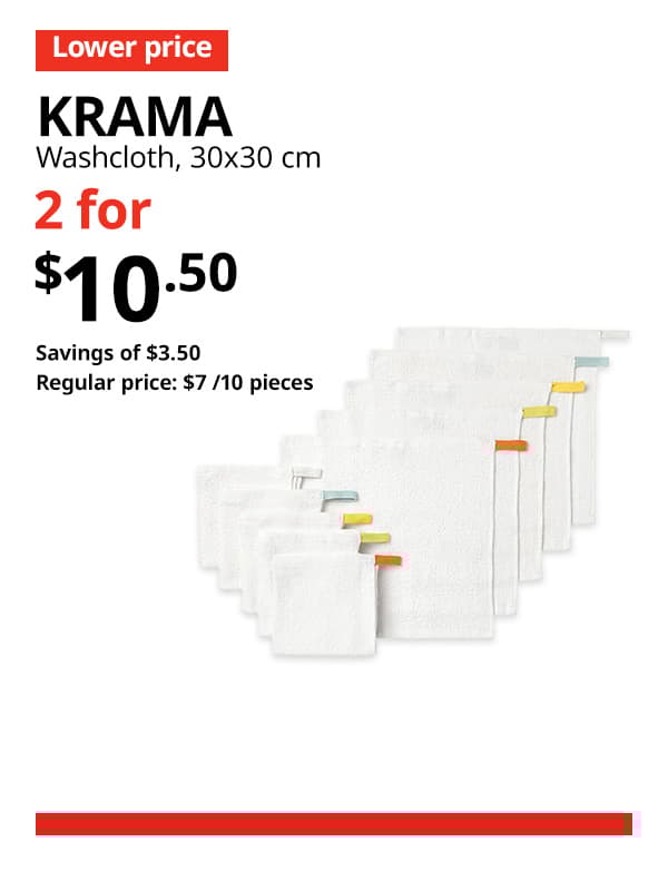 A white KRAMA washcloth, 30x30 cm. A red 'Lower price' tag, followed by black text that reads "KRAMA, Washcloth, 30x30 cm" Multibuy deal of 2 for $10.50, with savings of $3.50. Regular price, $7/10 pieces.