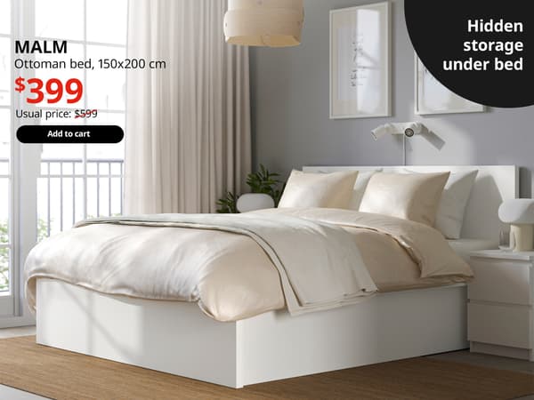 A white MALM ottoman bed in a bedroom setting. On the top left-hand corner white text over image that reads 