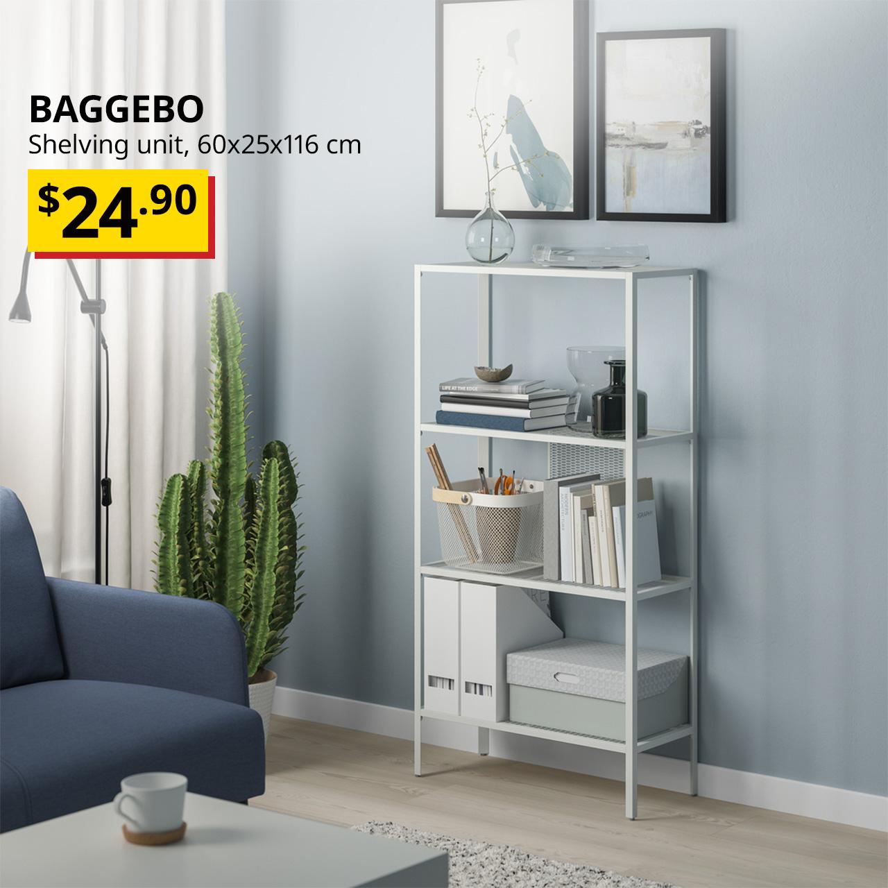 A white/metal BAGGEBO shelving unit with books displayed in a living room setting. Black text overlay image on the left that reads, "BAGGEBO, Shelving unit, metal/white, 60x25x116 cm" with the BTI price in yellow/red and black text: $24.90.