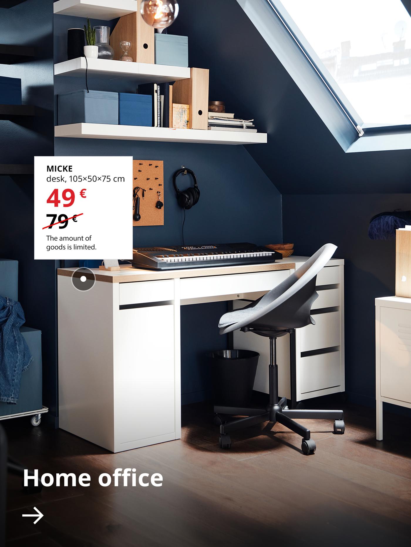 A white MICKE desk stands beneath a slanted ceiling with a skylight. Next to it, on a white background, its sale price is shown — 49 € (regular price 79 €). Below, there is an arrow with the text “Home office”.