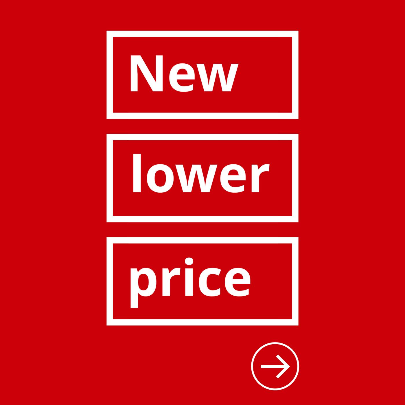 A white “New lower price” logo on the red background, with each word framed by a separate white rectangle.