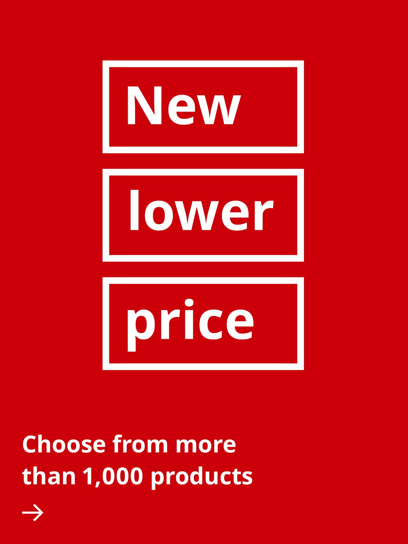 A white “New lower price” logo on the red background, with each word framed by a separate white rectangle.				