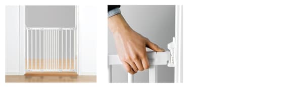 A white safety gate in a doorway next to an image of a hand adjusting a safety gate.