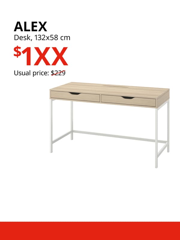 A white-stained oak ALEX desk product display on a white background with black text that reads "ALEX, desk, 132x58 cm, Usual price: $229", price in red text that reads "$1XX".