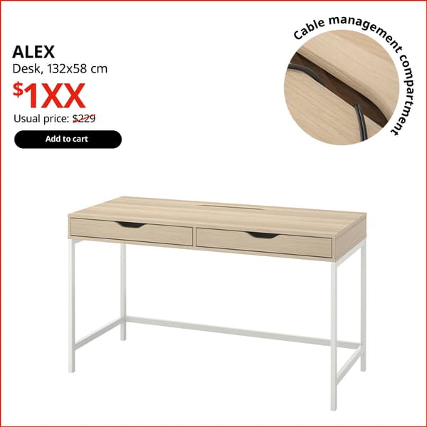 A white stained oak effect ALEX desk with white frame. On the top left-hand corner, black text that reads 