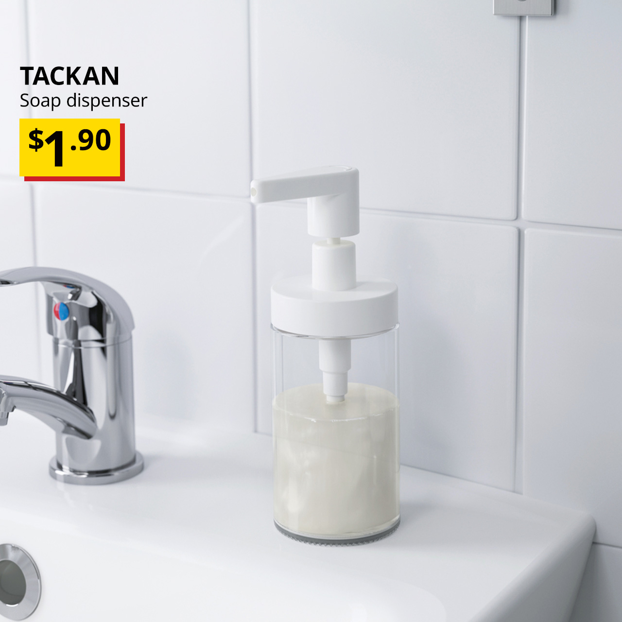 A white TACKAN soap dispenser is placed on a bathroom sink. Black text overlay image that reads "TACKAN, Soap dispenser." Yellow breath-taking price tag, $1.90.