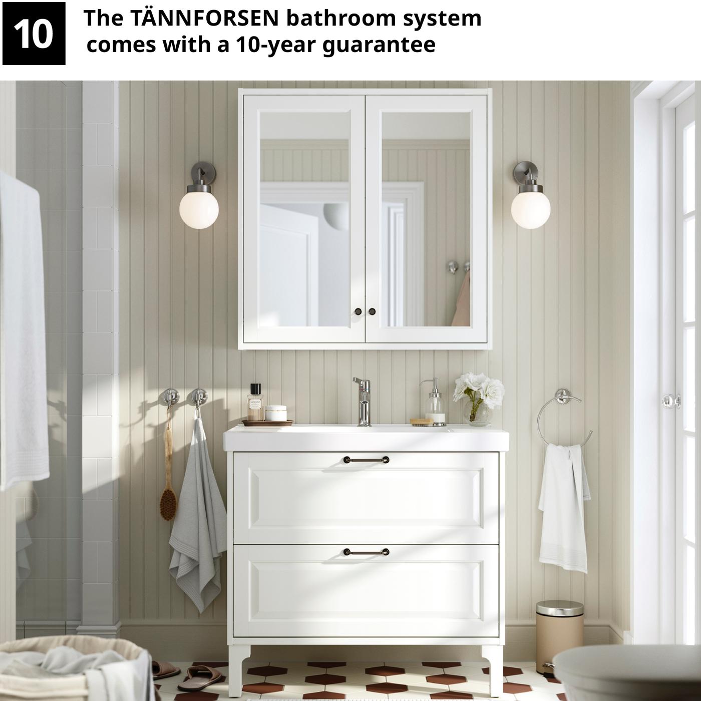 A white TÄNNFORSEN mirror cabinet with doors