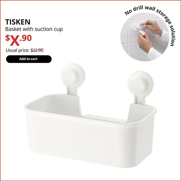 A white TISEKN basket with suction cup, no drill wall storage solution. On the top left-hand corner, black text that reads 