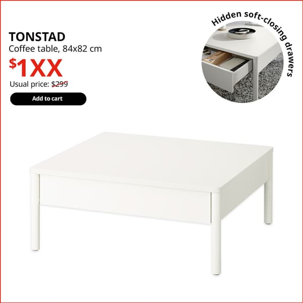 A white TONSTAD coffee table. On the top left hand corner, black text that reads 