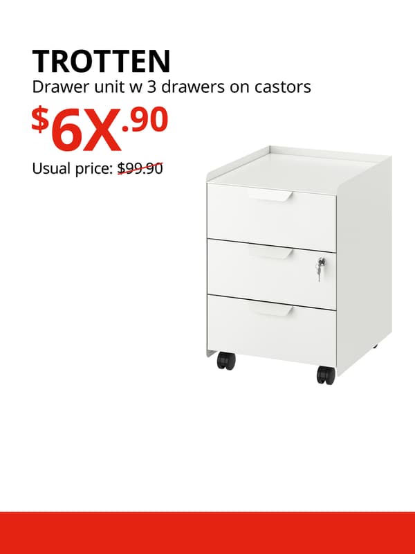 A white TROTTEN drawer unit with 3 drawers with castors, product display on a white background with black text that reads "TROTTEN, Drawer unit w 3 drawers on castors, Usual price: $99.90", price in red text that reads "$6X.90".