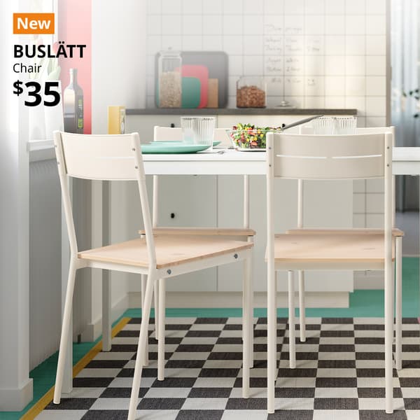 A white VIHALS table with 4 white/pine BUSLÄTT chair is placed in the dining area near the kitchen. A orange with white text that reads "New". Text on image reads "BUSLÄTT, Chair, $35"