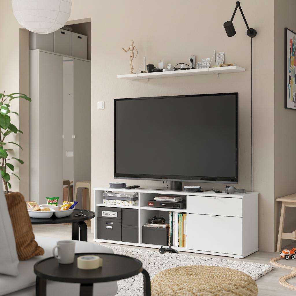 A white VIHALS TV bench in the living room