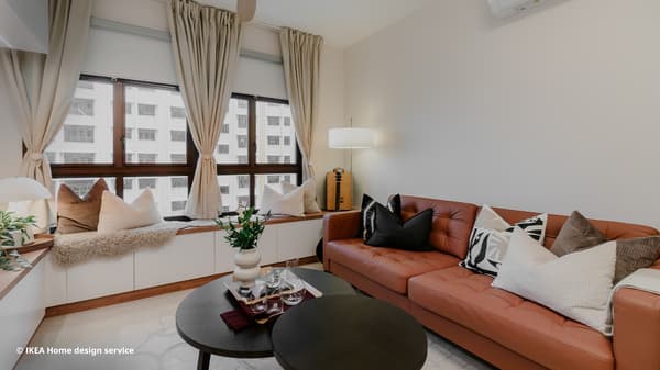 A wide shot of a living room from a traditional modern 4-room BTO flat in MacPherson, Singapore, designed by IKEA Home design service.