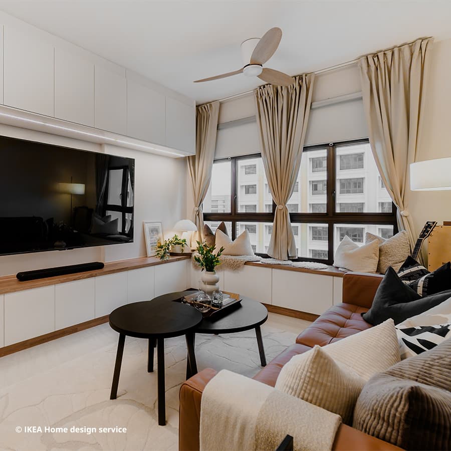 A wide shot of a living room from a traditional modern 4-room BTO flat in MacPherson, Singapore, designed by IKEA Home design service.