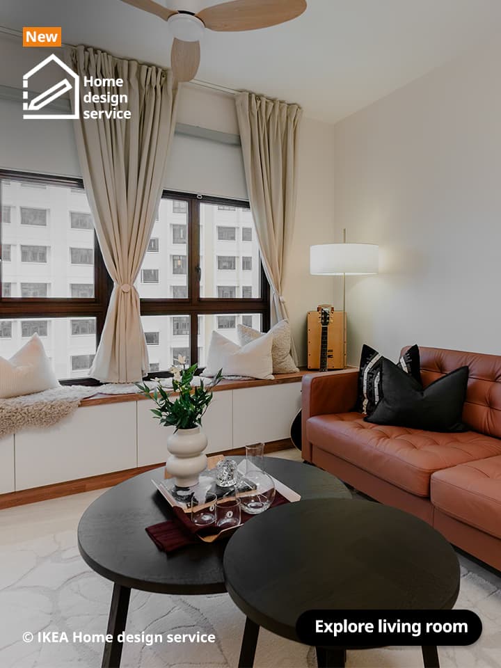 A wide shot of a living room from a traditional modern 4-room BTO flat in MacPherson, Singapore, designed by IKEA Home design service.