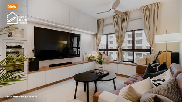 A wide shot of a living room from a traditional modern 4-room BTO flat in MacPherson, Singapore, designed by IKEA Home design service.