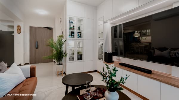 A wide shot of a living room from a traditional modern 4-room BTO flat in MacPherson, Singapore, designed by IKEA Home design service.