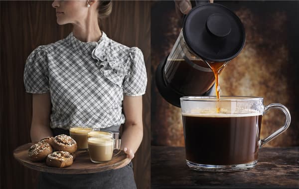 A woman holding a tray of cinnamon buns and coffee and a close-up of coffee being poured into a glass cup.