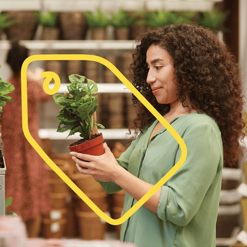 a woman is looking at a plant, one of the items included in the ikea family offer