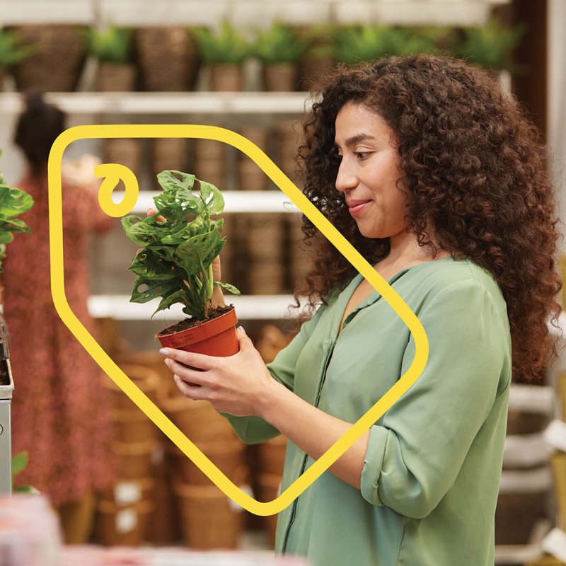 a woman is looking at a plant, one of the items included in the ikea family offer