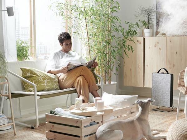 A woman reading a magazine on INGMARSÖ sofa, with air purifier, air purifying curtains, and a tray with scented block candles around. A dog sitting nearby.