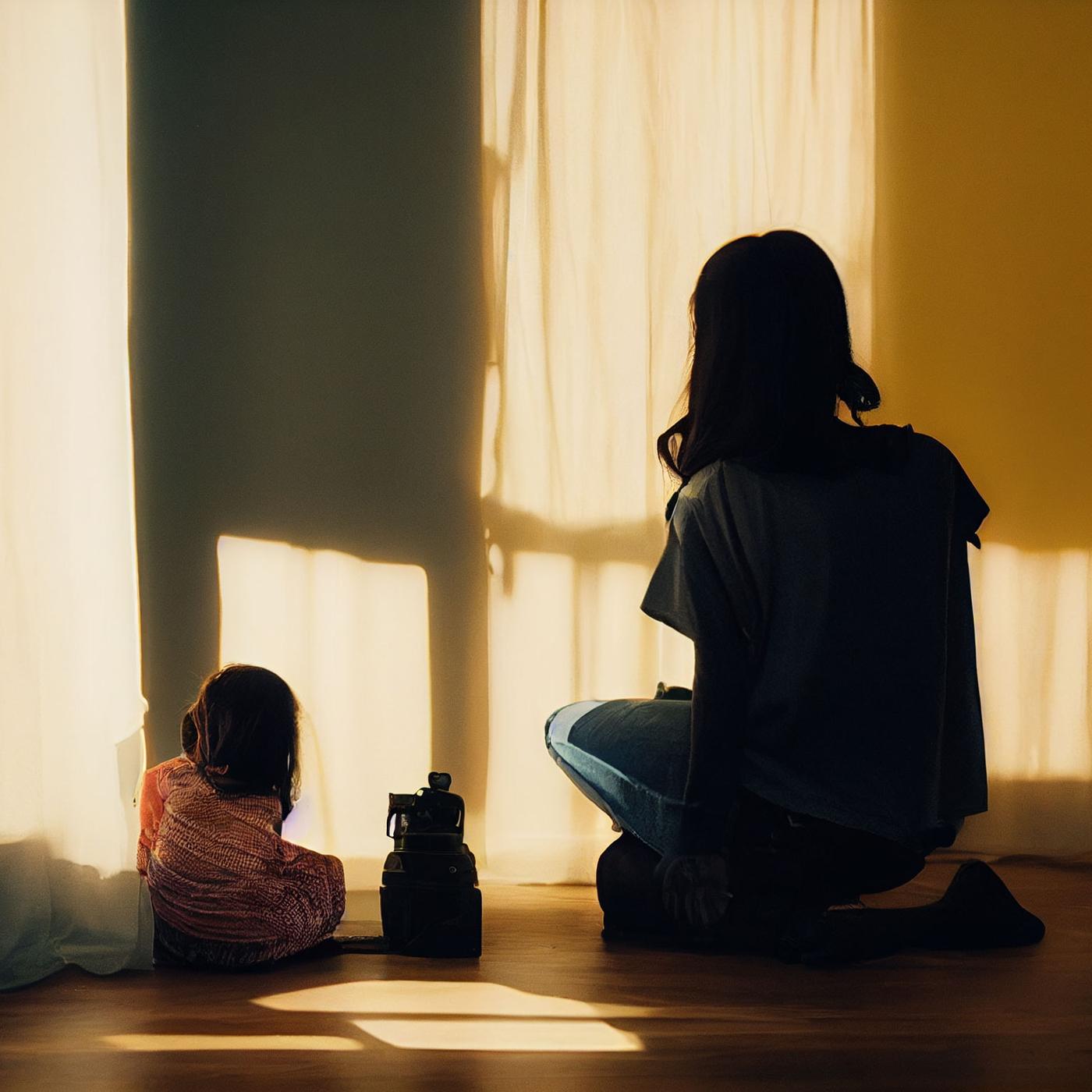 A woman sitting on a floor.