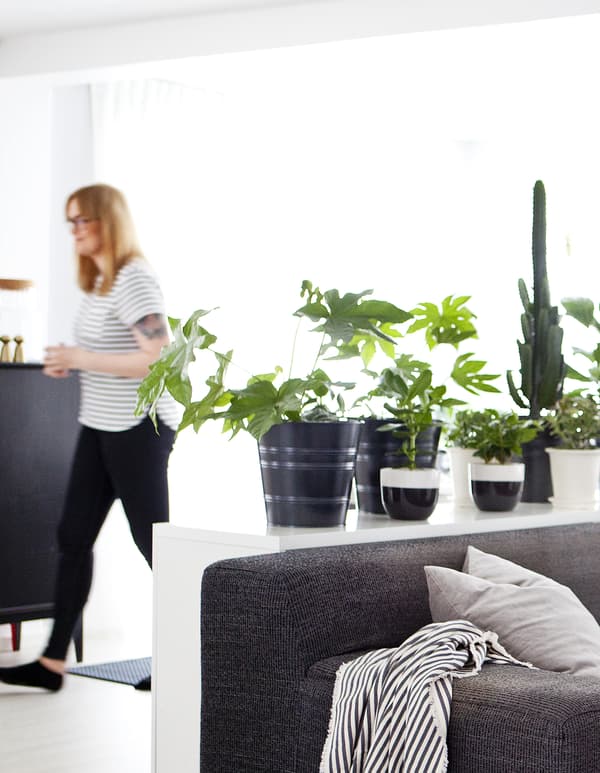A woman standing in a monochrome and green living space.