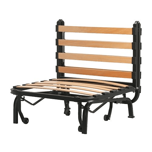 A wooden slatted chair bed with black trim sitting against a white background.