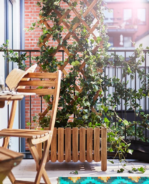 A wooden trellis with vines growing throughout gives privacy to a balcony.
