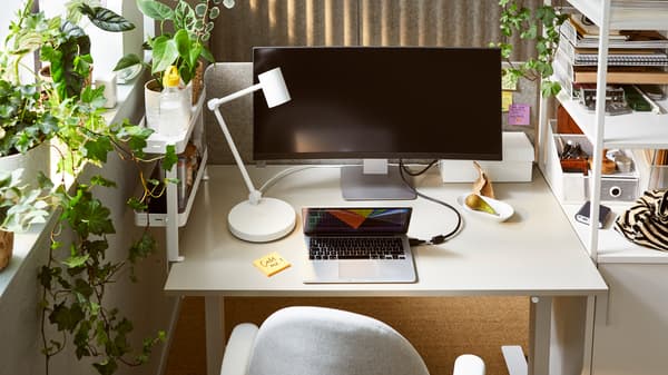A workspace centered around a TROTTEN sit-stand desk between a white TROTTEN sliding-door cabinet and a window with plants.