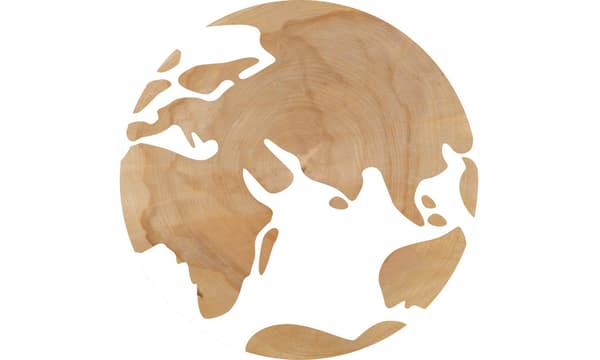A world map coloured with wood symbolising that IKEA sources wood from 50 different countries in the world.