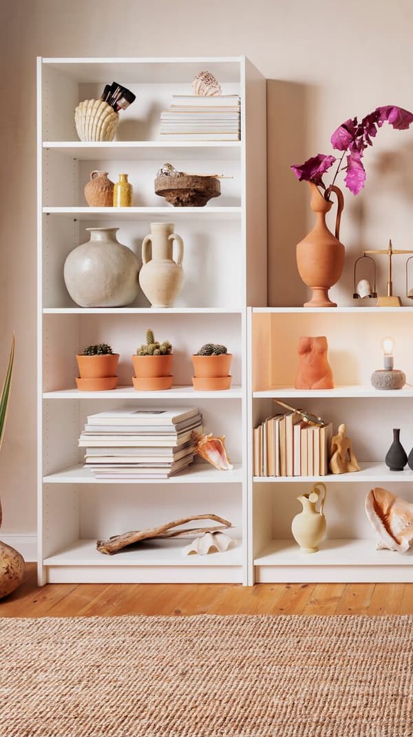A yellow BILLY bookcase is filled with colourful miscellaneous items. Next to it is a white table and a cassette player.