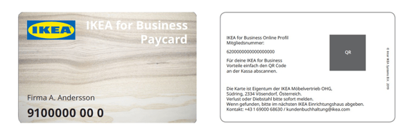 Abbildung der neuen IKEA for Business Paycard von vorne und von hinten