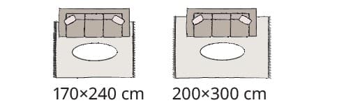 Abbildungen mit möglichen Platzierungsvarianten eines 3 Sitzer Sofas auf einem Teppich. 