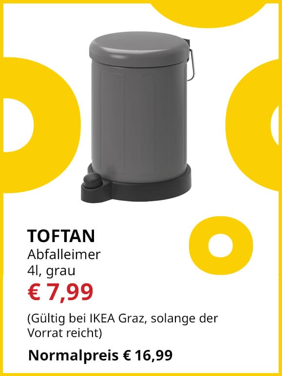 Abfalleimer Toftan, 4 Liter, grau, statt € 16,99 um € 7,99.