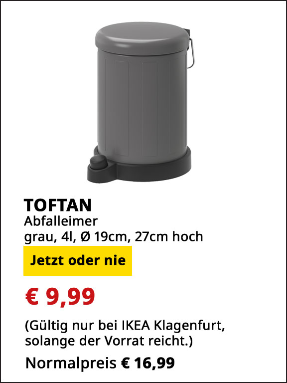 Abfalleimer Toftan, grau, 4 l, Durchmesser 19cm, 27 cm hoch, statt € 16,99 um € 9,99.