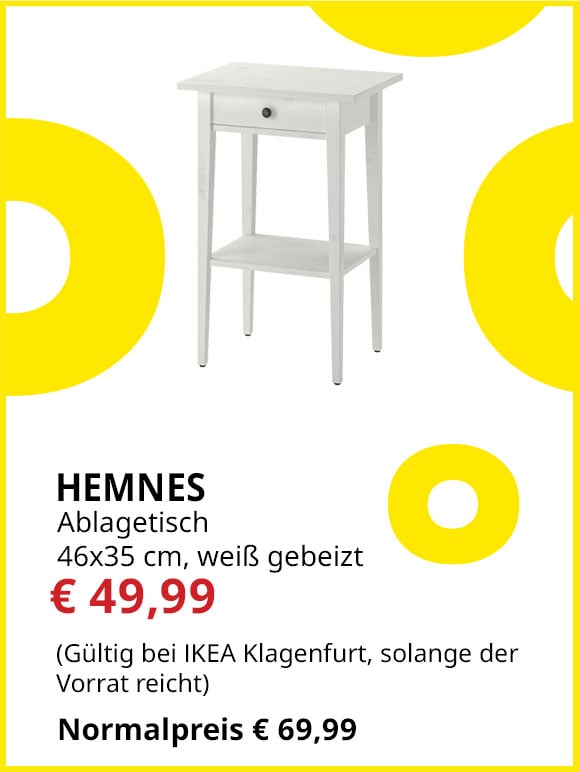 Ablagetisch Hemnes, 46x35 cm, weis gebeizt, statt €69,99 um €49,99.