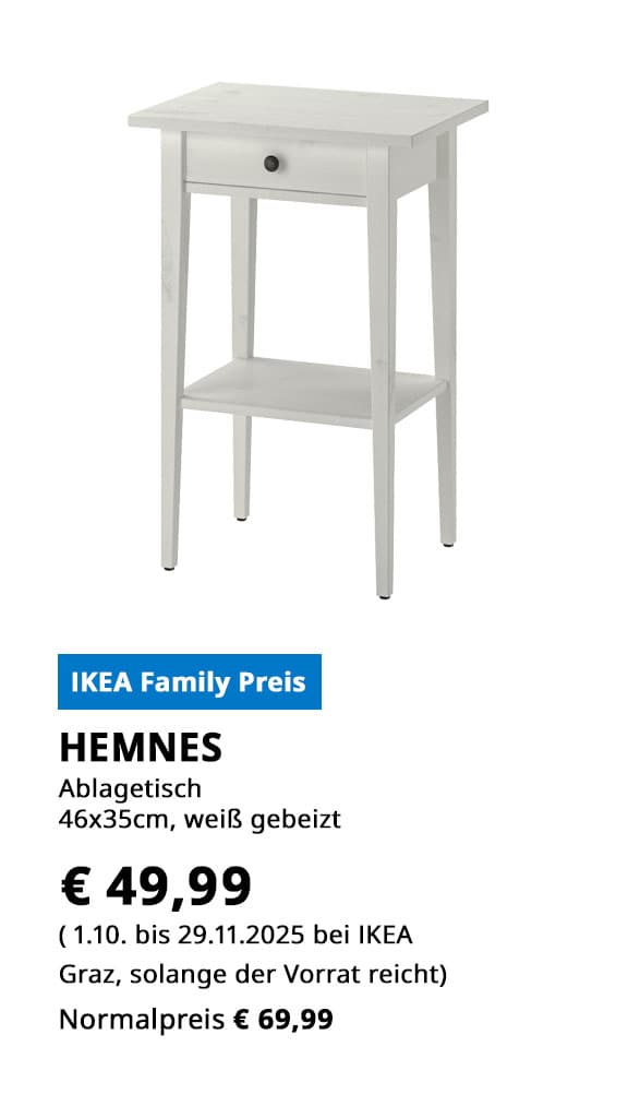 Ablagetisch Hemnes, 46x36cm, weiß gebeizt, statt € 69,99 um € 49,99.