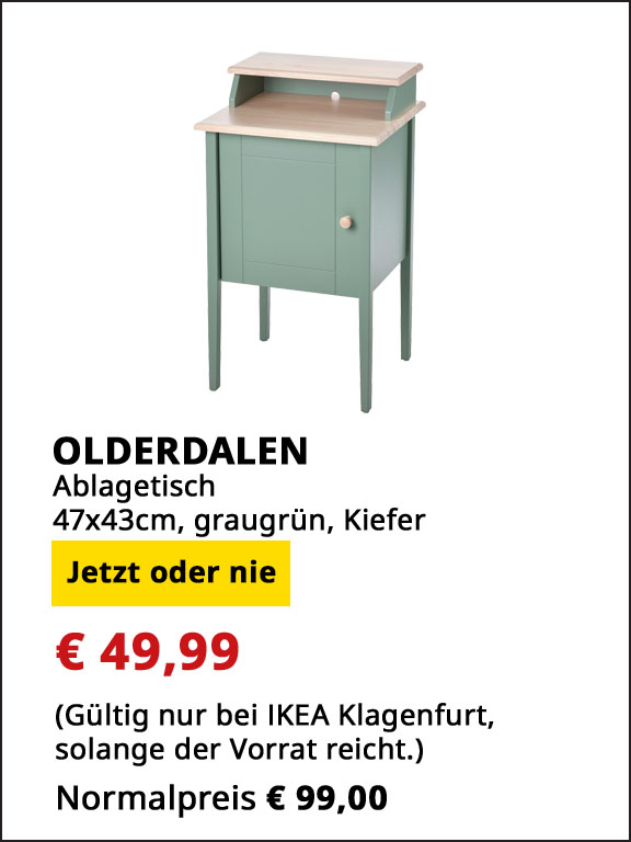 Ablagetisch Olderdalen, 47x43cm, graugrün, Kiefer, statt € 99 um € 49,99.