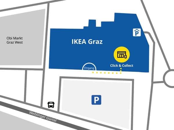 Achte bei der Abholung deiner Click & Collect Bestellung auf die in unserer überdachten Ladezone blauen, abgehängten Tafeln, recht vom Ausgang!

Diese weisen dir mit den Beschriftungen "Click & Collect während der Öffnungszeiten" und "Click & Collect außerhalb der Öffnungszeiten" den Weg.