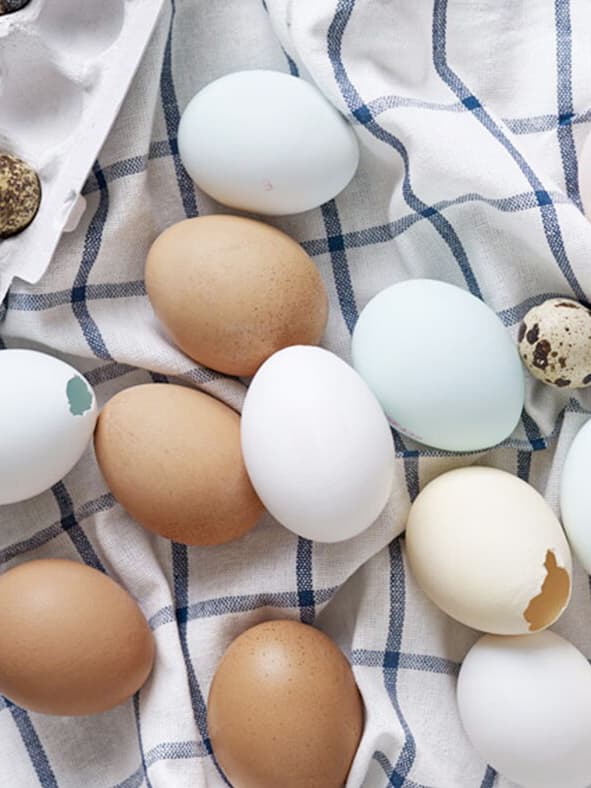 Ägg i brun och vit färg på en duk.