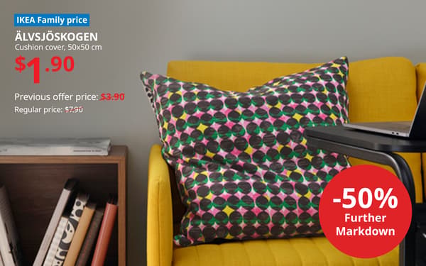 ÄLVSJÖSKOGEN cushion cover, now $1.90 with an extra 50% markdown during the final 3 days of the IKEA Swedish Midsommar Sale.