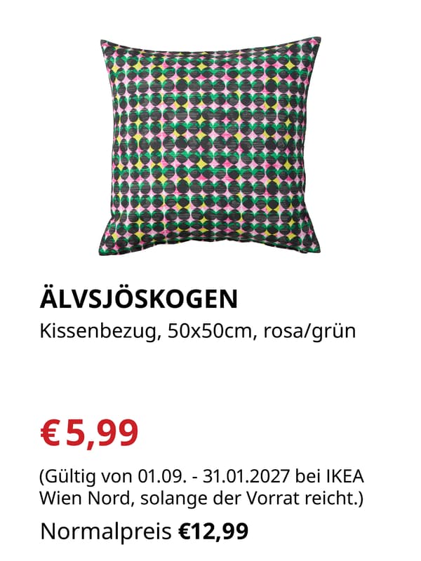 ÄLVSJÖSKOGEN
Kissenbezug, 50x50cm, rosa/grün

€5,99 statt €12,99