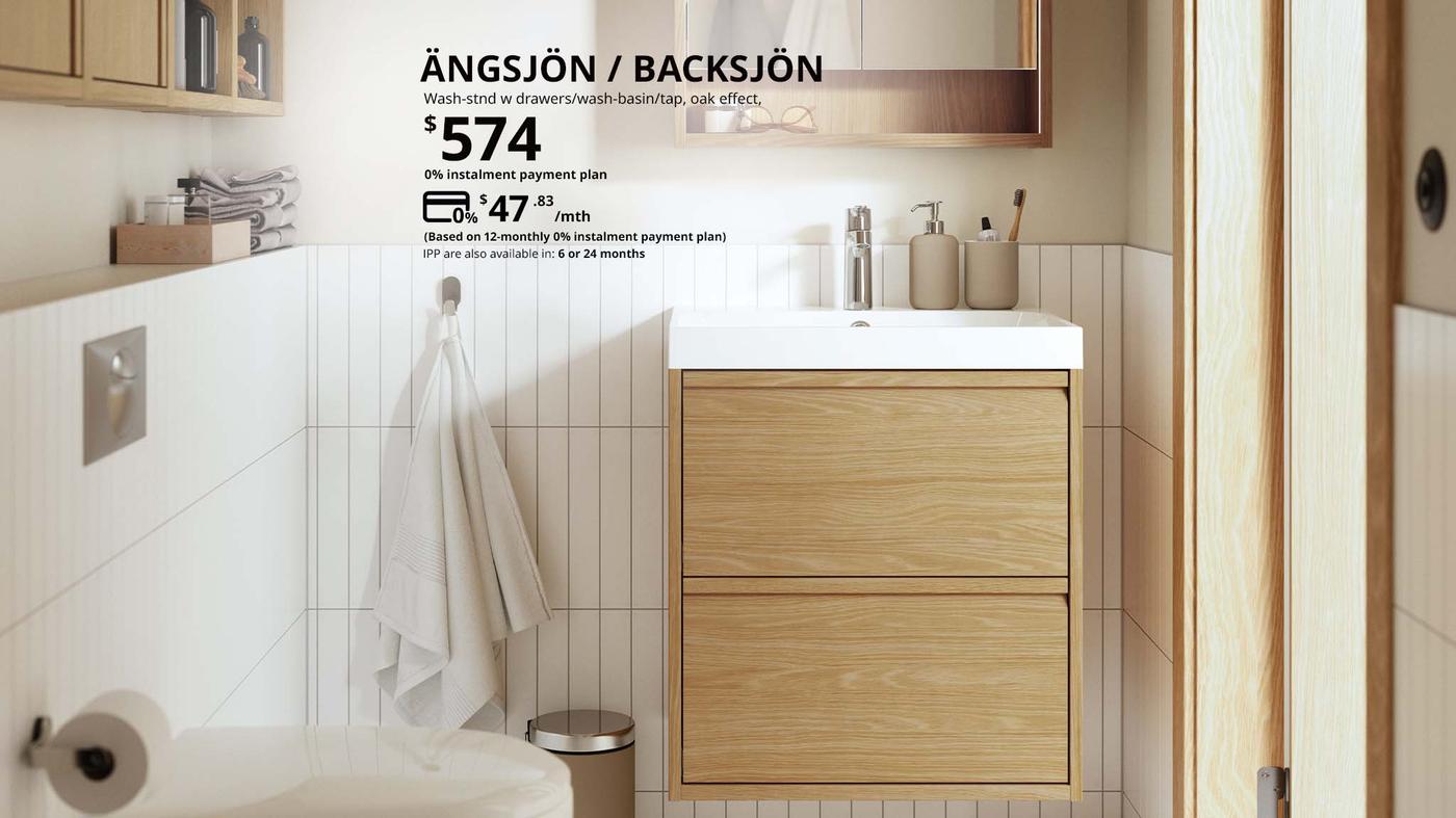 ÄNGSJÖN / BACKSJÖN wash-stand w drawers/wash-basin/tap, oak effect in bathroom. Price: $574, $47.83 per month for 12 months, 0% instalment payment plan.