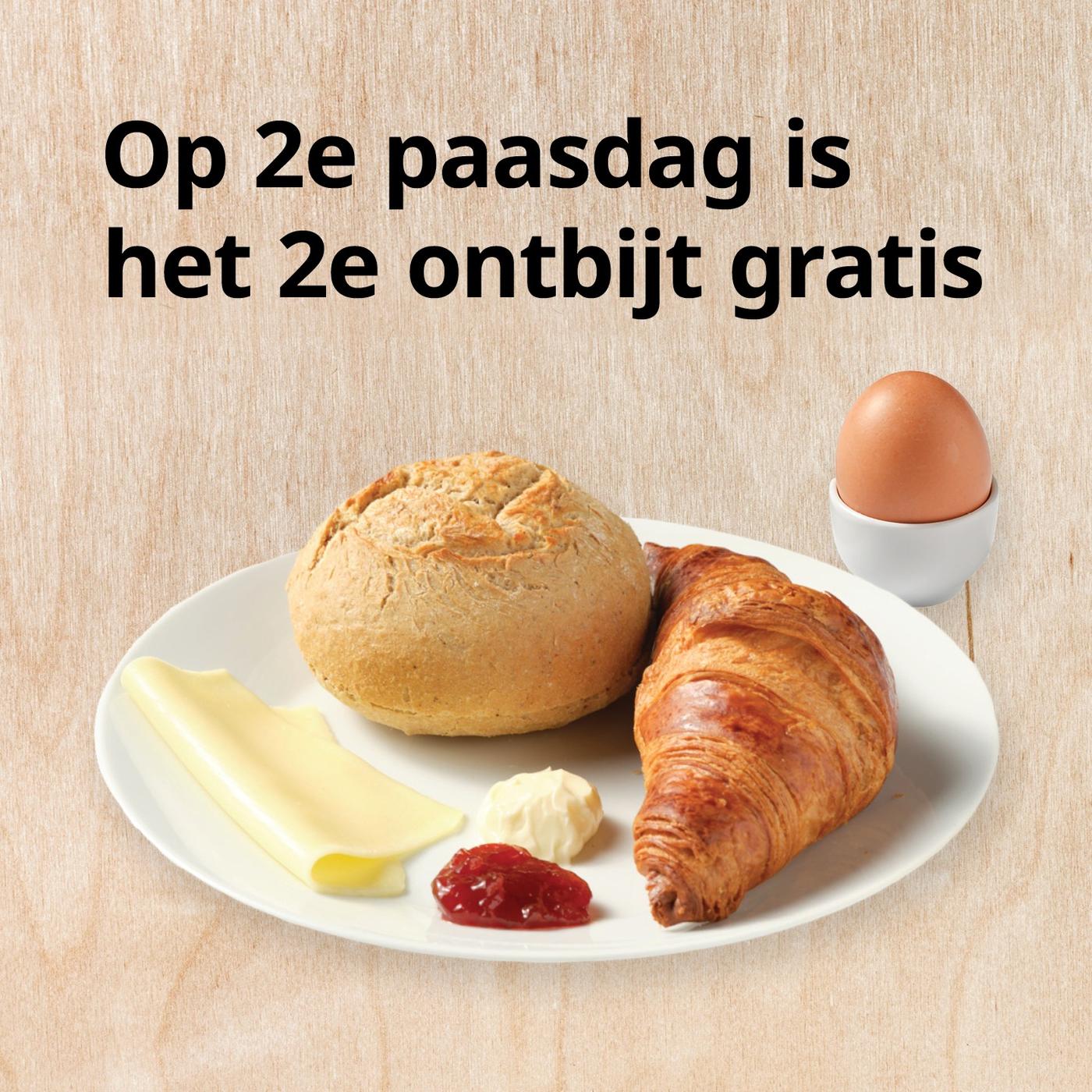 Afbeelding met de tekst: op 2e paasdag is het 2e ontbijt gratis