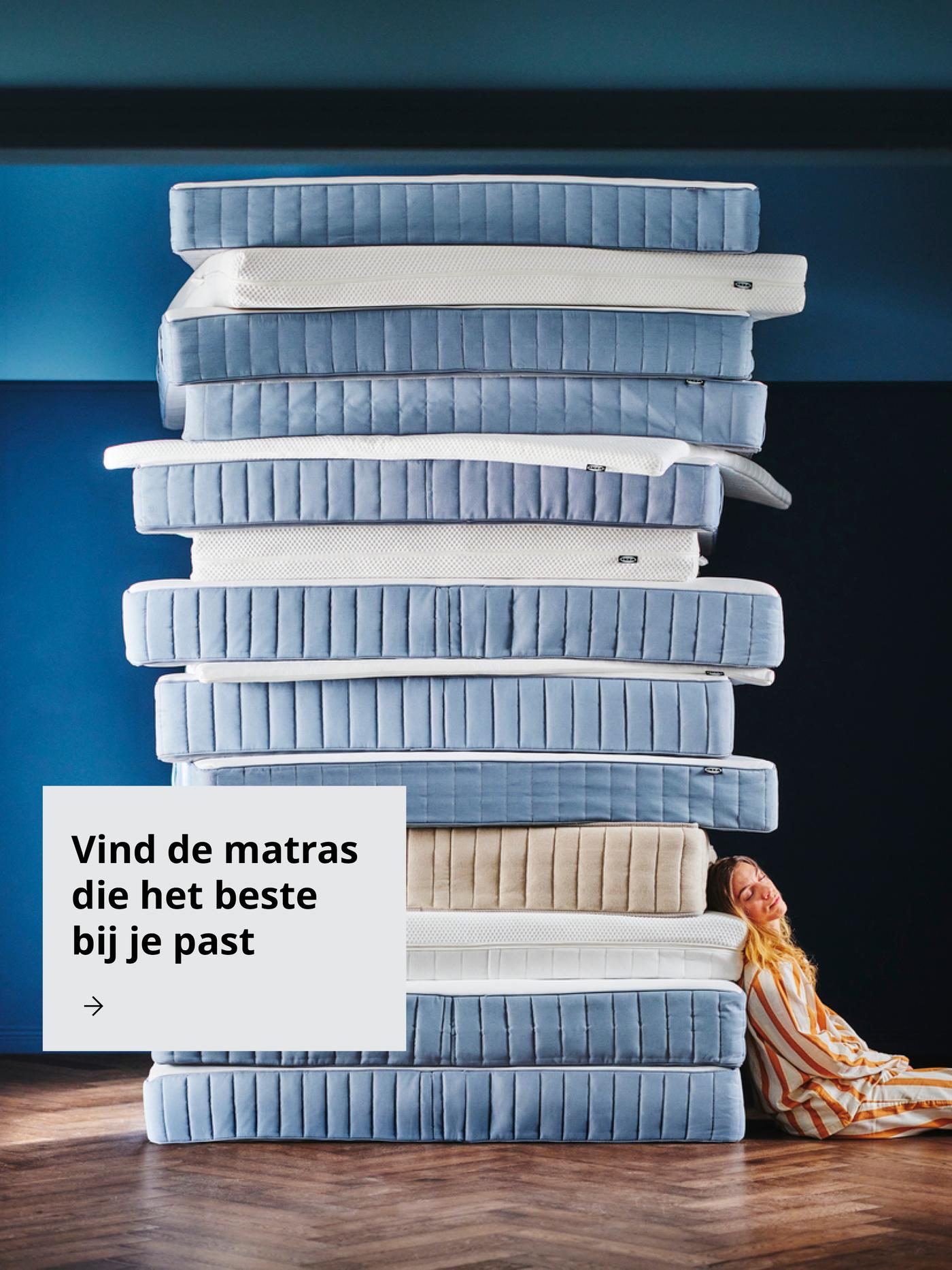 Afbeelding van gestapelde matrassen met de tekst: "Vind de matras die het beste bij je past"