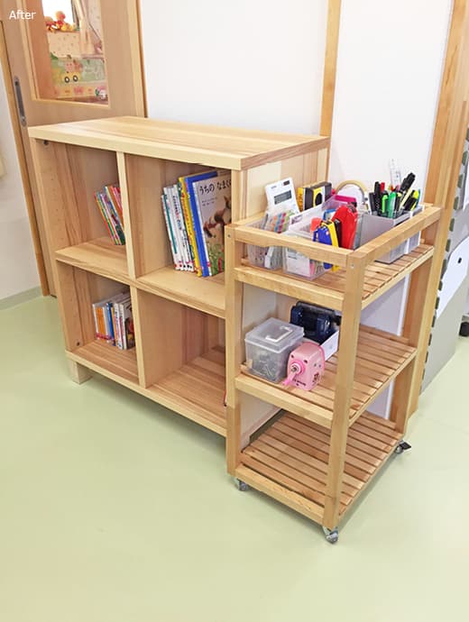 After 絵本はGALANT/ガッラント シェルフに、文房具類はMOLGER/モルゲル ワゴンに。
