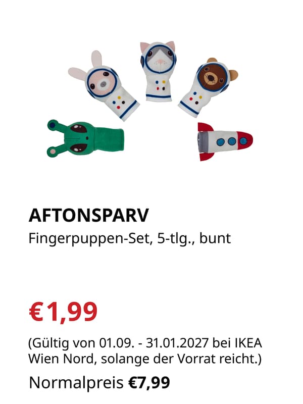 AFTONSPARV
Fingerpuppen-Set, 5-tlg., bunt

€1,99 statt €7,99