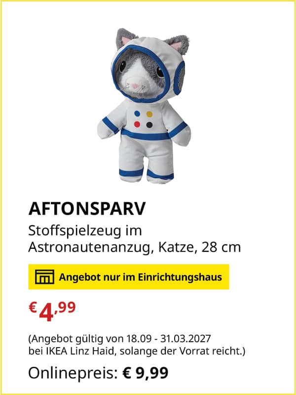 AFTONSPARV Stoffspielzeug im 
Astronautenanzug, Katze, 28 cm
